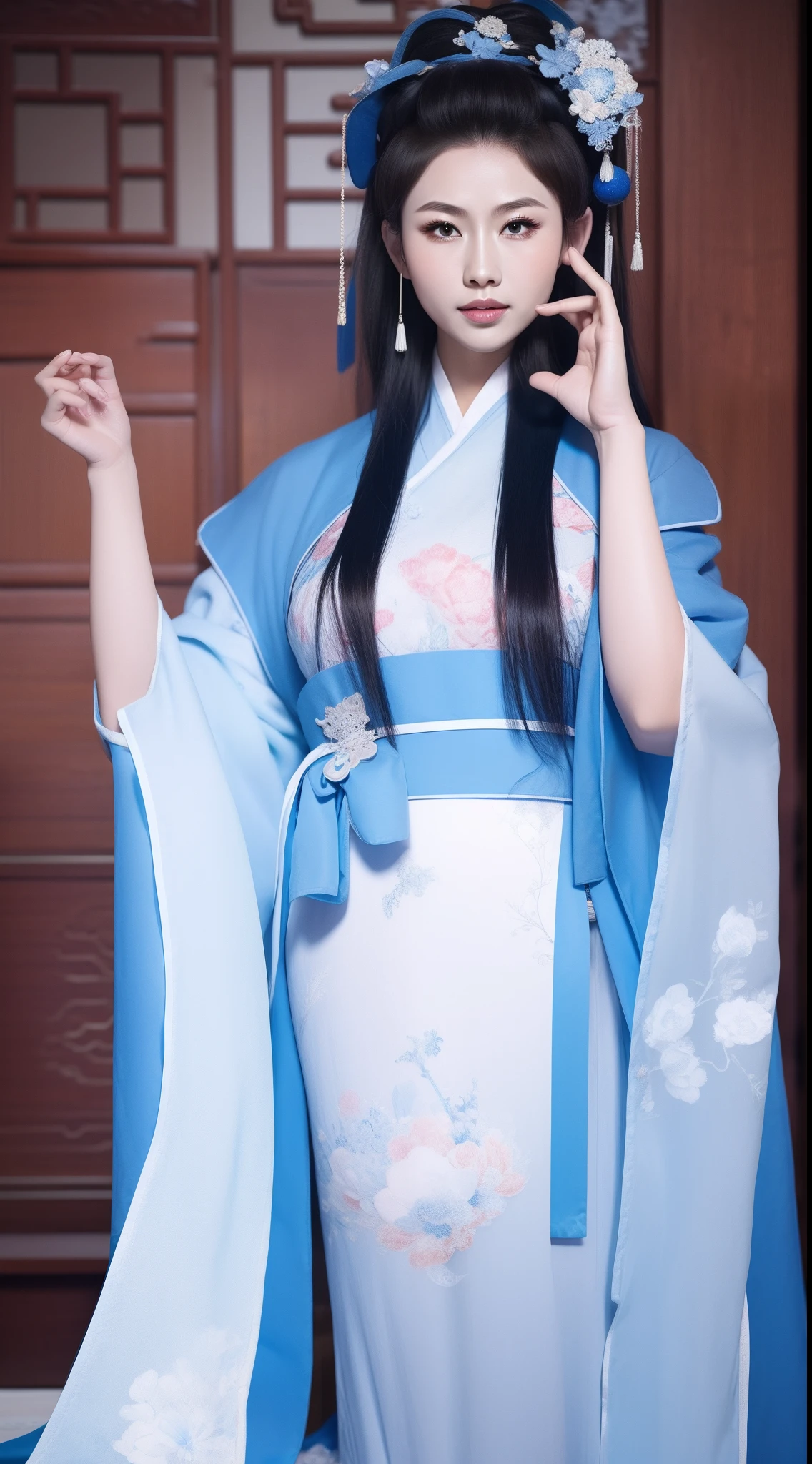 Blue and white porcelain style，Ancient Chinese clothing，The clothing is blue and white motif，ancient china art style，Fashion model 18 years old [[[[closeup cleavage]]]], [[[[boobgasm]]]], [[[[coll]]]], [[[[bshoulders]]]], perfect  eyes, Perfect iris，Perfect lips，perfect teeth，Perfect skin，with fair skin，Soft front light，hdr，Movie girl，long whitr hair，The expression was melancholy，The background is an ancient Chinese interior，4K Ultra HD, 超高分辨率, (Photorealistic: 1.4), Best quality，Masterpiece，Utra dilution，（pastel colour：1.2）