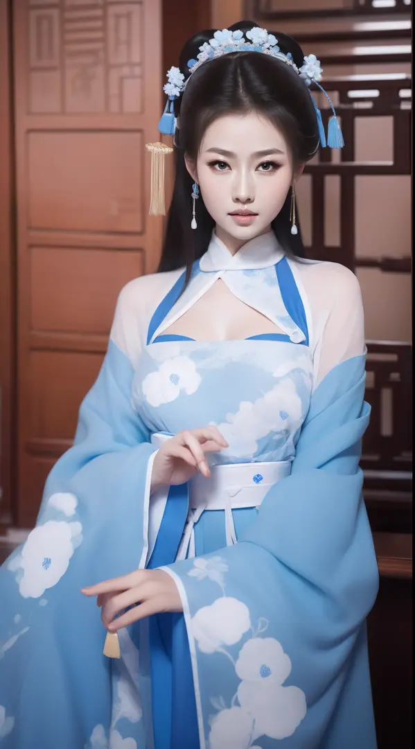 blue and white porcelain style，ancient chinese clothing，the clothing is blue and white motif，ancient china art style，fashion mod...