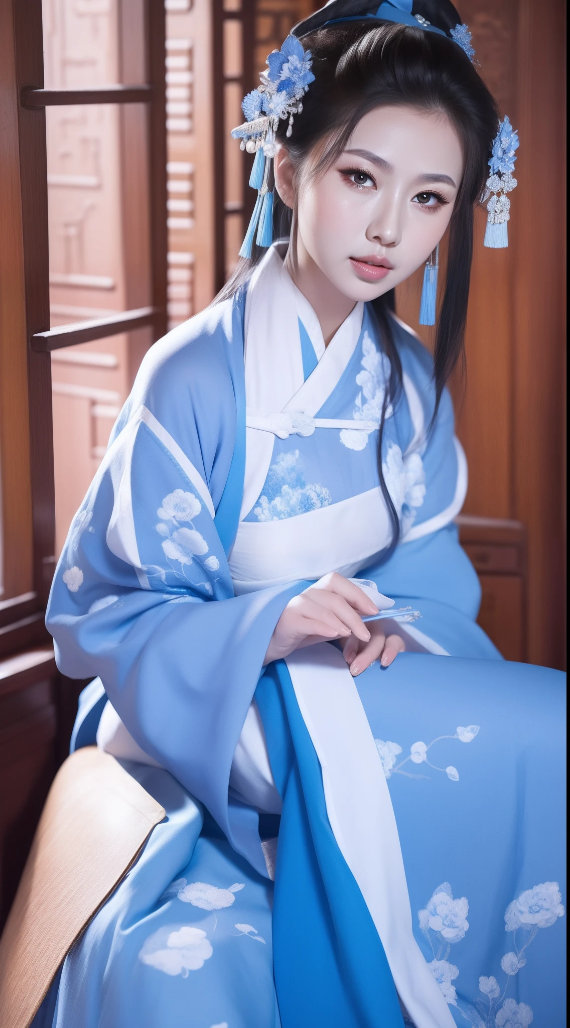 Blue and white porcelain style，Ancient Chinese clothing，The clothing is blue and white motif，ancient china art style，Fashion model 18 years old [[[[closeup cleavage]]]], [[[[boobgasm]]]], [[[[coll]]]], [[[[bshoulders]]]], perfect  eyes, Perfect iris，Perfect lips，perfect teeth，Perfect skin，with fair skin，Soft front light，hdr，Movie girl，long whitr hair，The expression was melancholy，The background is an ancient Chinese interior，4K Ultra HD, 超高分辨率, (Photorealistic: 1.4), Best quality，Masterpiece，Utra dilution，（pastel colour：1.2）