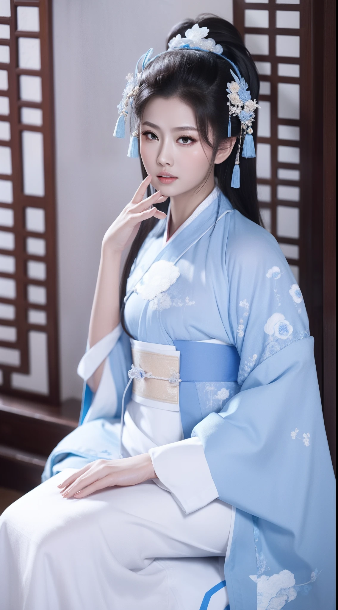 Blue and white porcelain style，Ancient Chinese clothing，white apparel，The clothing has a blue and white pattern，ancient china art style，Fashion model 18 years old [[[[closeup cleavage]]]], [[[[boobgasm]]]], [[[[coll]]]], [[[[bshoulders]]]], perfect  eyes, Perfect iris，Perfect lips，perfect teeth，Perfect skin，with fair skin，Soft front light，hdr，Movie girl，long whitr hair，The expression was melancholy，The background is an ancient Chinese interior，4K Ultra HD, 超高分辨率, (Photorealistic: 1.4), Best quality，Masterpiece，Utra dilution，（pastel colour：1.2）