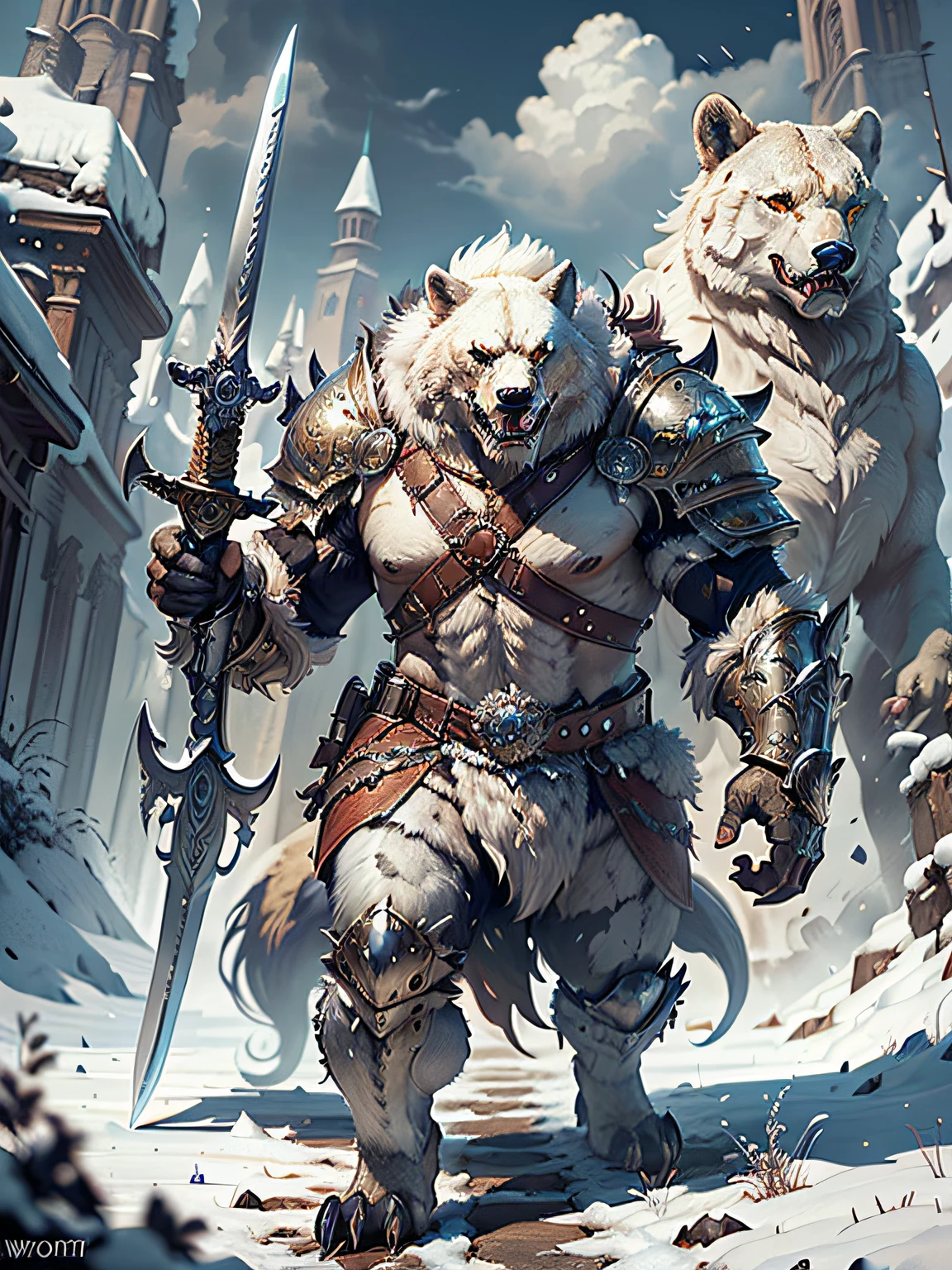 (un escudo，Oso blanco con espada y armadura)， goliat bárbaro vestido de piel, Armadura de piel, Usando una intrincada armadura de piel, (((Rugió al instante))) armadura blanca intrincada, armadura blanca detallada, wojtek fus, personaje de fantasía hiperdetallado, armadura de lobo, Arte de personajes de fantasía épica., arte de fantasía peluda, dios del invierno, tendencias en la estación de arte