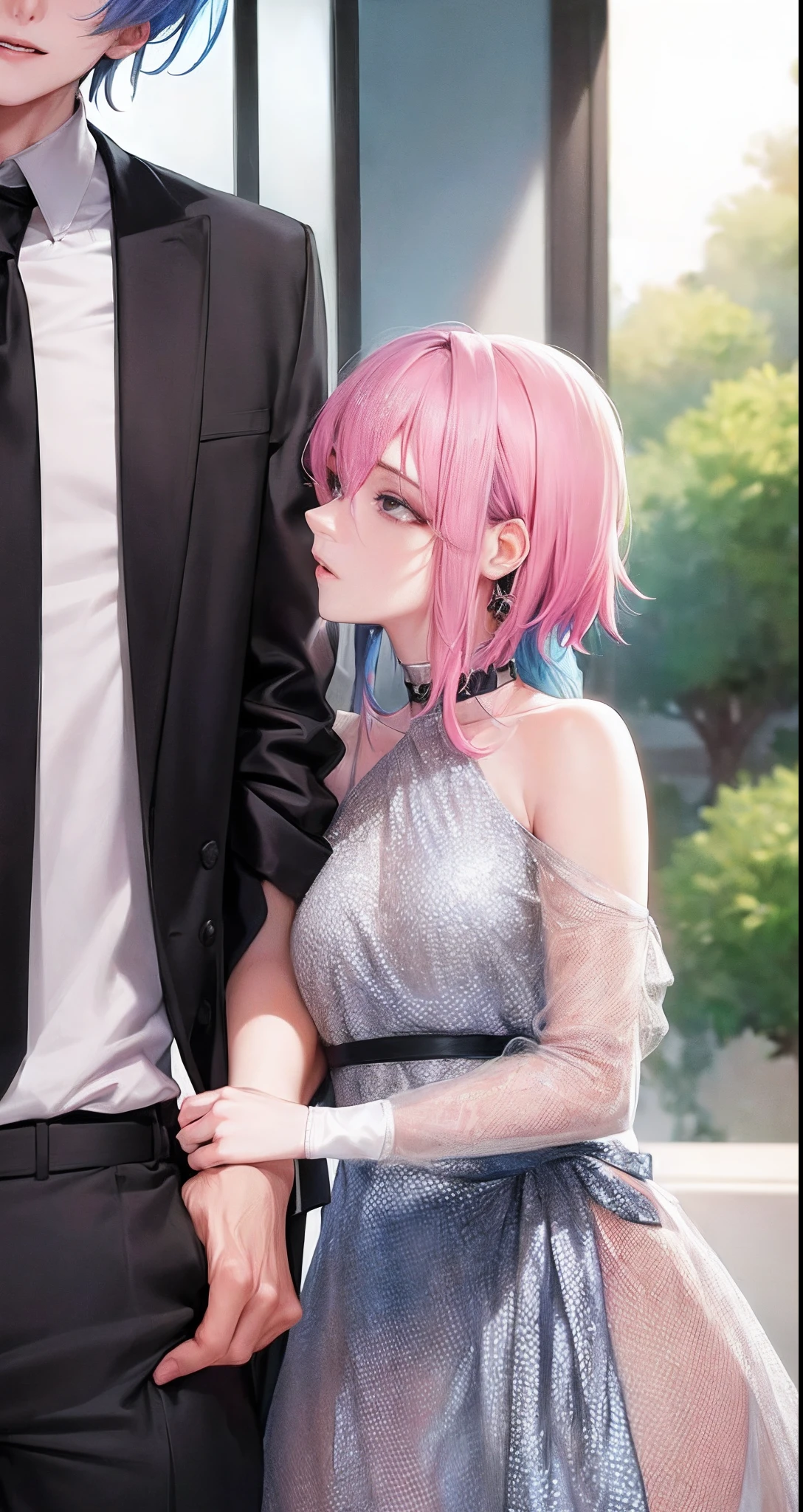 Anime couple dressed in formal attire holding hands and looking at each  other - SeaArt AI