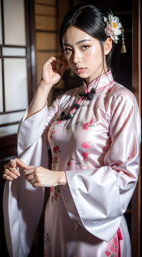 chinese white cheongsam，the cheongsam is decorated with pink floral motifs，ancient china art style，fashion model 18 years old [[...