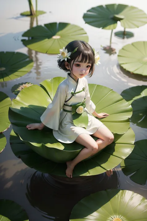 pods full of lotus flowers, a little girl happily sits on the lotus leaves of a pod, huge lotus leaf, barefoot, dressed in white...