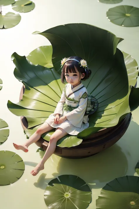 pods full of lotus flowers, a little girl happily sits on the lotus leaves of a pod, huge lotus leaf, barefoot, dressed in white...