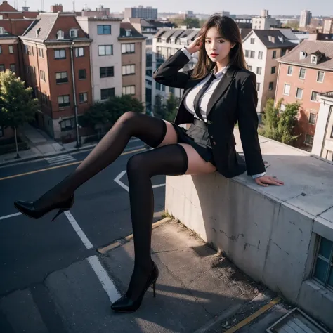 tallgts,giantess，Full body photo，BuildingSeat,school uniforms，Big breasts，pencil skirts，black lence stockings，stiletto，(Long legs:1.2),Extremely tall girl，Above the house，Beautiful looks，Delicatemakeup，Perfect lighting，Cinematic quality，8K,High quality,(GTS:1.5),Aerial View，With tiny,group