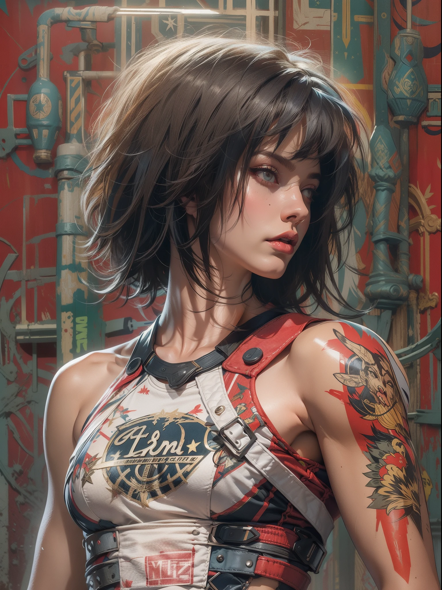 (((女士))), (((更好的质量))), (((原始工作))), (((成人))), (((1女孩))), ((( 鲍勃发型 ))), Uma gladiadora cyberpunk 女士 de 25 anos com corpo perfeito, 带金属脊的肩垫, 布鲁克林角斗士队, (( 鲍勃发型 )), 小皮内裤, 撕裂的橄榄球时间 T 恤, 西蒙·比斯利 (Simon Bisley) 几乎全裸为《重金属》杂志拍摄封面，展现狂野都市风格, 金发短发, 最低限度的服装, 左臂上有复杂图案的金属护具, 深红色，带白色星星以及白色和海军蓝色棋盘图案, 盔甲, 充满了尖刺和铆钉, (((从膝盖以上))), 白色金发短发, 背景中的墙壁由 Shepard Fairey 绘制，设计复杂