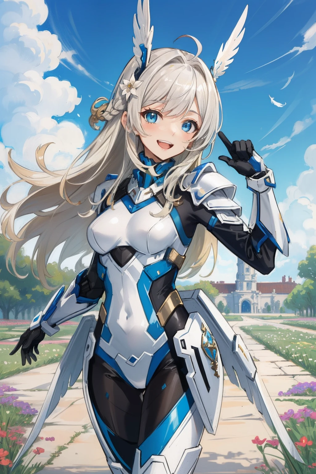 (​master piece, Best Quality),  Intricate details, valkyrie, kawaii, Happy smile, (((Laugh))), Hand up, Looking at Viewer, Feather Headgear, Flower meadow, 
1 girl in, Solo, Portrait, Tentacle Plutinum Blonde Hair, silver single thighhigh, White Independent Single Sleeve, gloves, Single braid, 
 mecha musume, White bodysuit, Silver Reinforced Suit, Mini Feather Wing, silver pantyhose, full armor, flower decoration