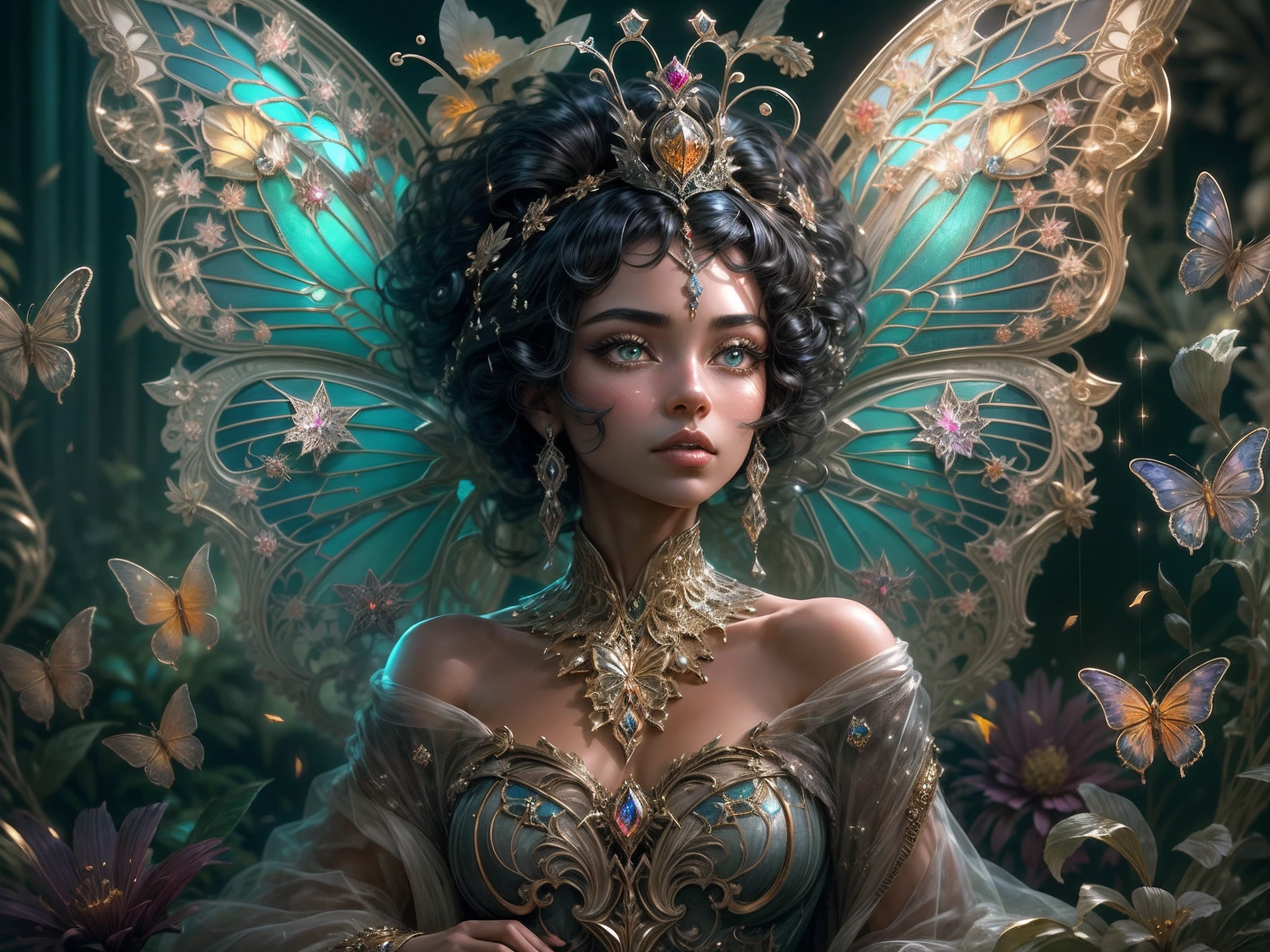 This is a realistic fantasy masterpiece with lots of shimmer, glitter, and intricate ornate detail. Generate one petite woman with a beautiful and delicate crown sitting on a garden swing at night. She is a beautiful and seductive butterfly queen with stunning curly black hair, (((incredibly realistic and detailed dynamic eyes in bright colors with realistic shading))).  Her skin is translucent white, her eyes sparkle, and her dress is elegant. Her dress is spun of the finest gossamer silk with delicate, intricate, and subtle floral detailing and gold silk butterfly sleeves. Her face is lovely and . Include glow-in-the-dark flowers, lots of particles, highly realistic fantasy butteflies with translucent jewel-toned wings and fine detailing, and glow. The artwork is done in the style of Guviz and brings to mind masters in the genre such as trending fantasy works on Artstation and Midjourney. Camera: Utilize dynamic composition techniques to emphasize etherealness and delicate detail.