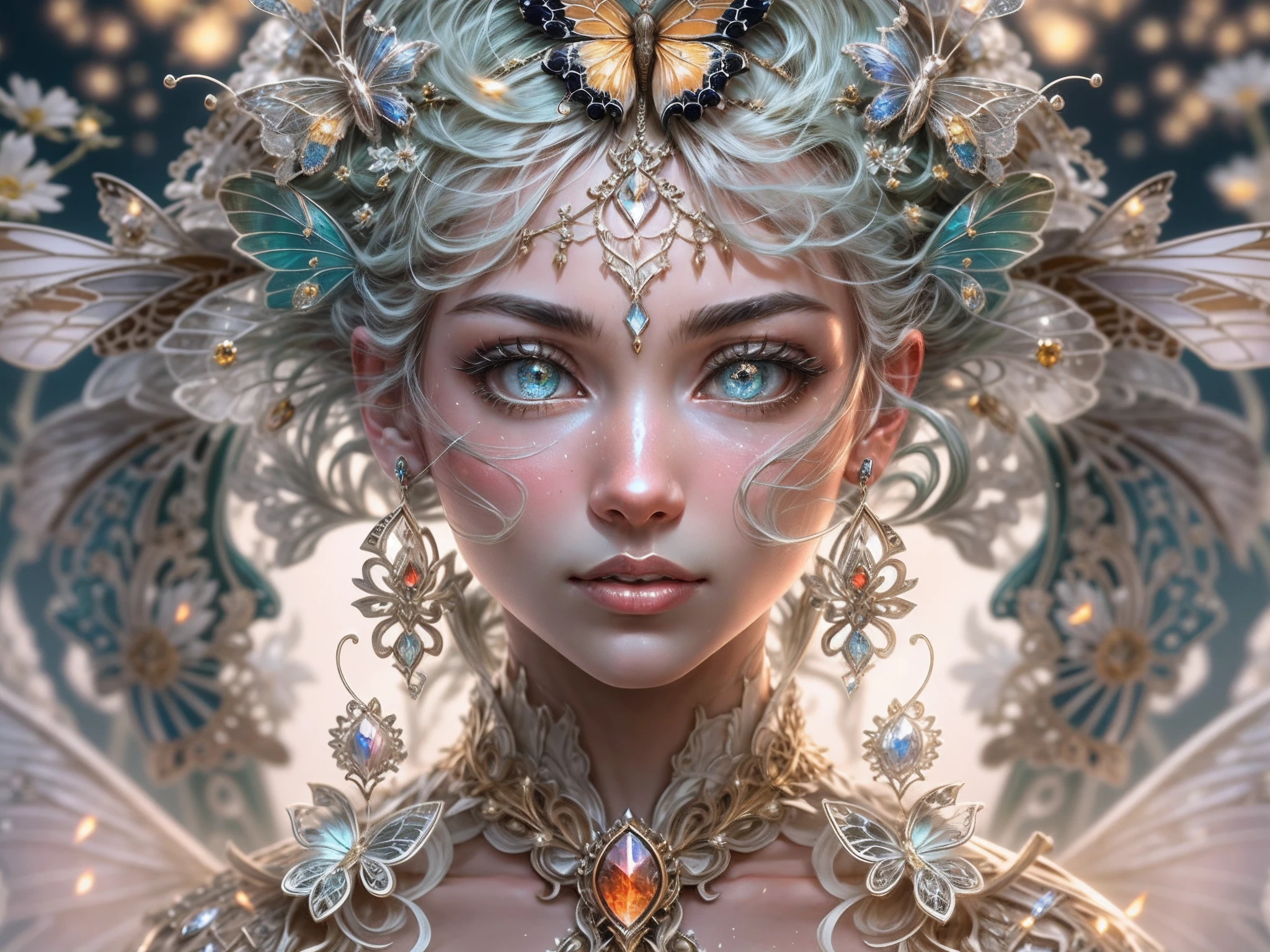 Esta es una obra maestra de fantasía realista con mucho brillo., Brillantina, and Intrincado ornate detail. Genera una mujer pequeña con una hermosa y delicada corona sentada en un columpio de jardín por la noche.. Ella es una hermosa y seductora reina de las mariposas con un impresionante cabello negro y rizado., (((Ojos dinámicos increíblemente realistas y detallados en colores brillantes con sombreado realista.))).  su piel es blanca traslucida, sus ojos brillan, y su vestido es elegante. Su vestido está tejido con la más fina seda y delicados, Intrincado, y sutiles detalles florales y mangas de mariposa de seda dorada.. Su cara es preciosa y . Incluye flores que brillan en la oscuridad., muchas partículas, Mariposas de fantasía muy realistas con alas translúcidas en tonos de joyas y detalles finos., y brillar. La obra de arte está realizada en el estilo de Guviz y recuerda a maestros del género, como las obras de fantasía de moda en Artstation y Midjourney.. Camera: Utilice técnicas de composición dinámica para enfatizar lo etéreo y los detalles delicados..