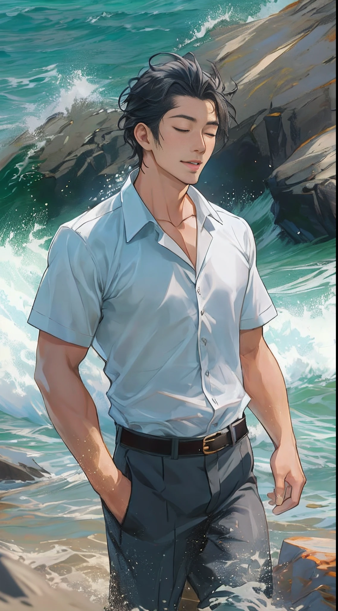 Anime guy in a shirt and pants standing in the water - SeaArt AI