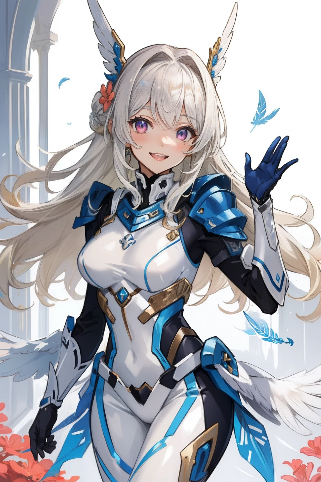 (​master piece, Best Quality),  Intricate details, valkyrie, kawaii, Happy smile, (((Laugh))), Hand up, Looking at Viewer, Feather Headgear, Flower meadow, 
1 girl in, Solo, Portrait, Tentacle Plutinum Blonde Hair, drooping coral pink eyes, Silver Single Thigh, White Independent Single Sleeve, gloves, Single braid, 
 mecha musume, White bodysuit, Silver Reinforced Suit, Mini Feather Wing, silver pantyhose, full armor, flower decoration