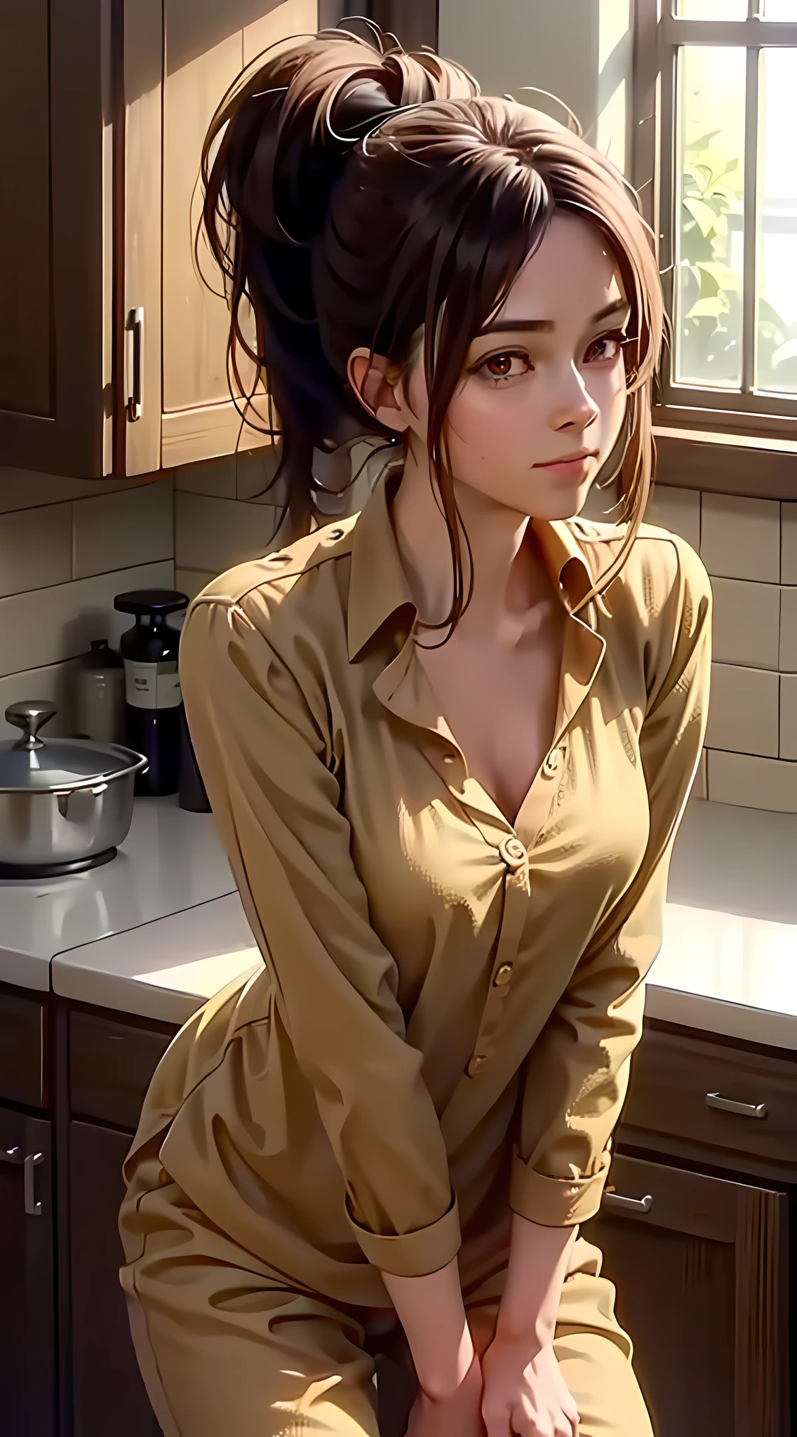 shasa from the anime Shingeki no Kyojin, shoulder length hair, brown hair, ponytail, ponytail, beautiful, beautiful woman, perfect body, perfect breasts, wearing brown pajamas, pajamas, sleepwear, in the kitchen, clear kitchen, looking at the viewer slightly smile, realism, masterpiece, textured skin, super detail, high detail, high quality, best quality, 1080p, 16k