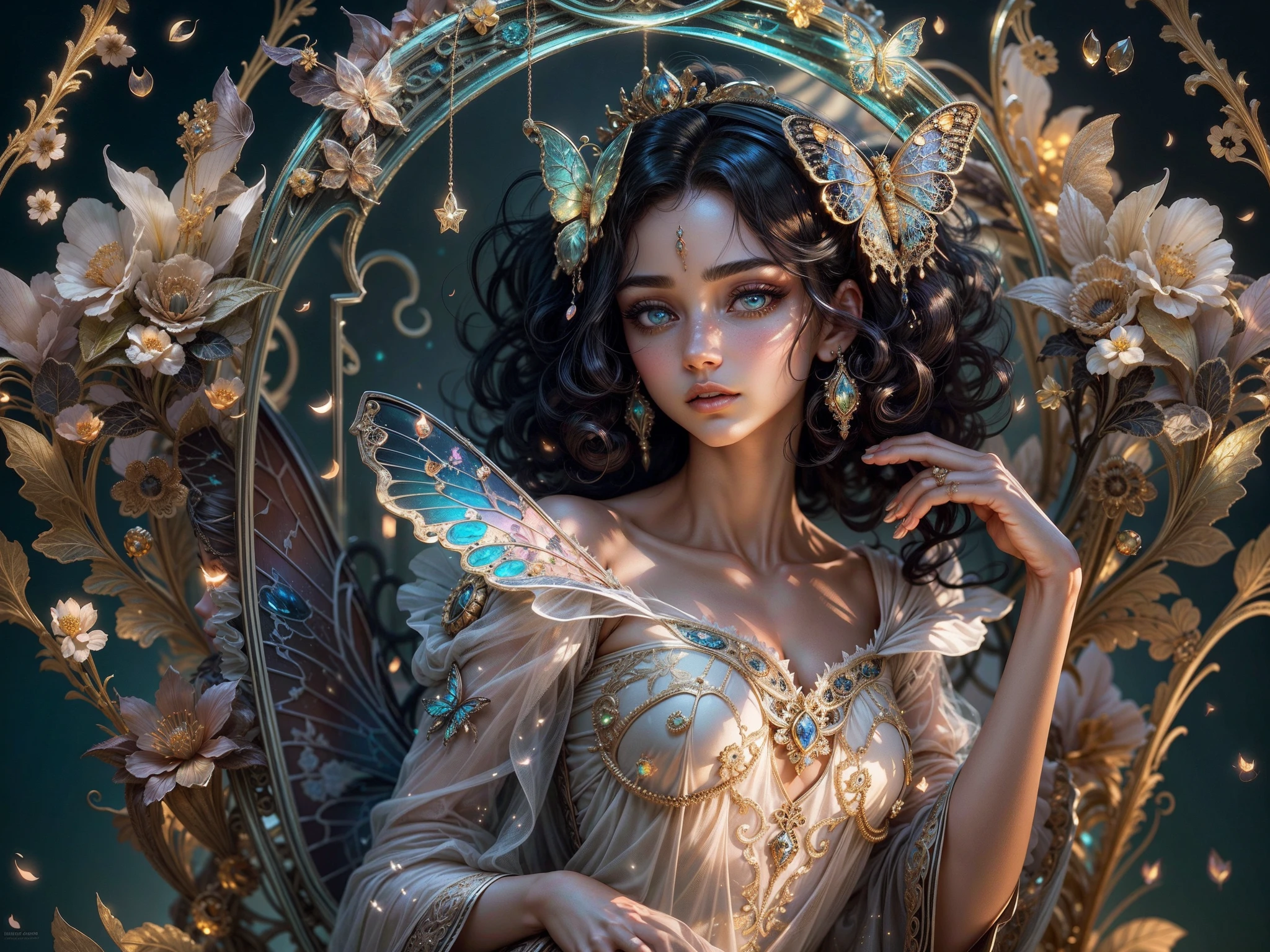 This is a realistic fantasy masterpiece with lots of shimmer, glitter, and intricate ornate detail. Generate one  woman with a beautiful and delicate crown sitting on a garden swing at night. She is a beautiful and seductive butterfly queen with stunning curly black hair, (((incredibly realistic and detailed dynamic eyes in bright colors with realistic shading))).  Her skin is translucent white, her eyes sparkle, and her dress is elegant. Her dress is spun of the finest gossamer silk with delicate, intricate, and subtle floral detailing and gold silk butterfly sleeves. Her face is lovely and lonely. Include glow-in-the-dark flowers, lots of particles, highly realistic fantasy butteflies with translucent jewel-toned wings and fine detailing, and glow. The artwork is done in the style of Guviz and brings to mind masters in the genre such as trending fantasy works on Artstation and Midjourney. Camera: Utilize dynamic composition techniques to emphasize etherealness and delicate detail.