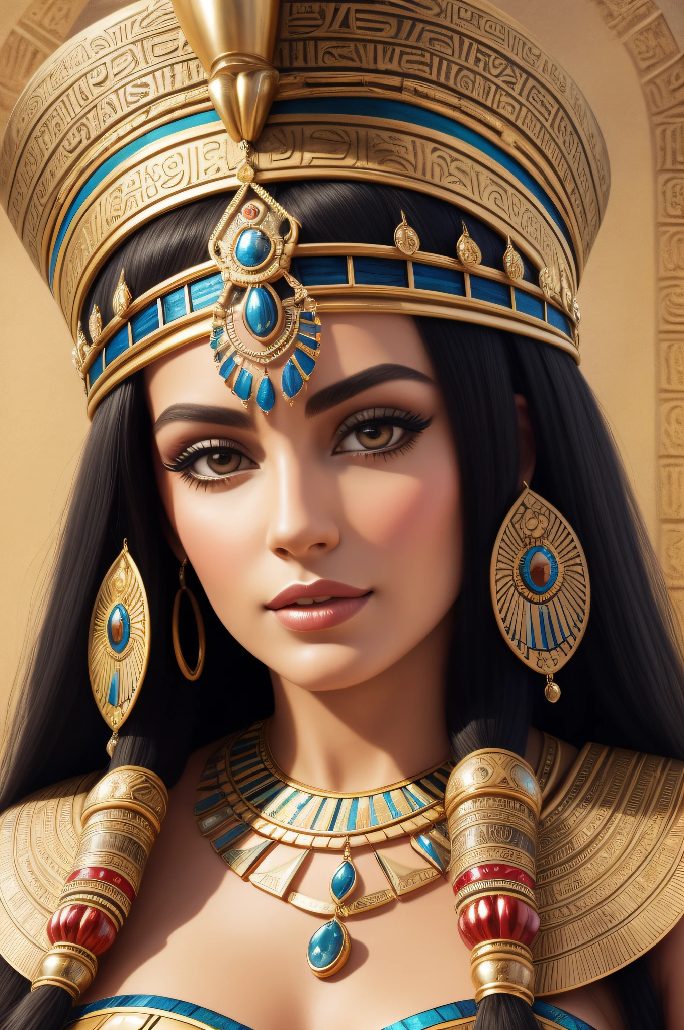 Gorgeous ancient queen Cleopatra spreading positivity and self-love for the modern community. 1920 x 1080 px, hyper realistic 8k HD images. Standing in an Egyptian Tempel of the god Apophis