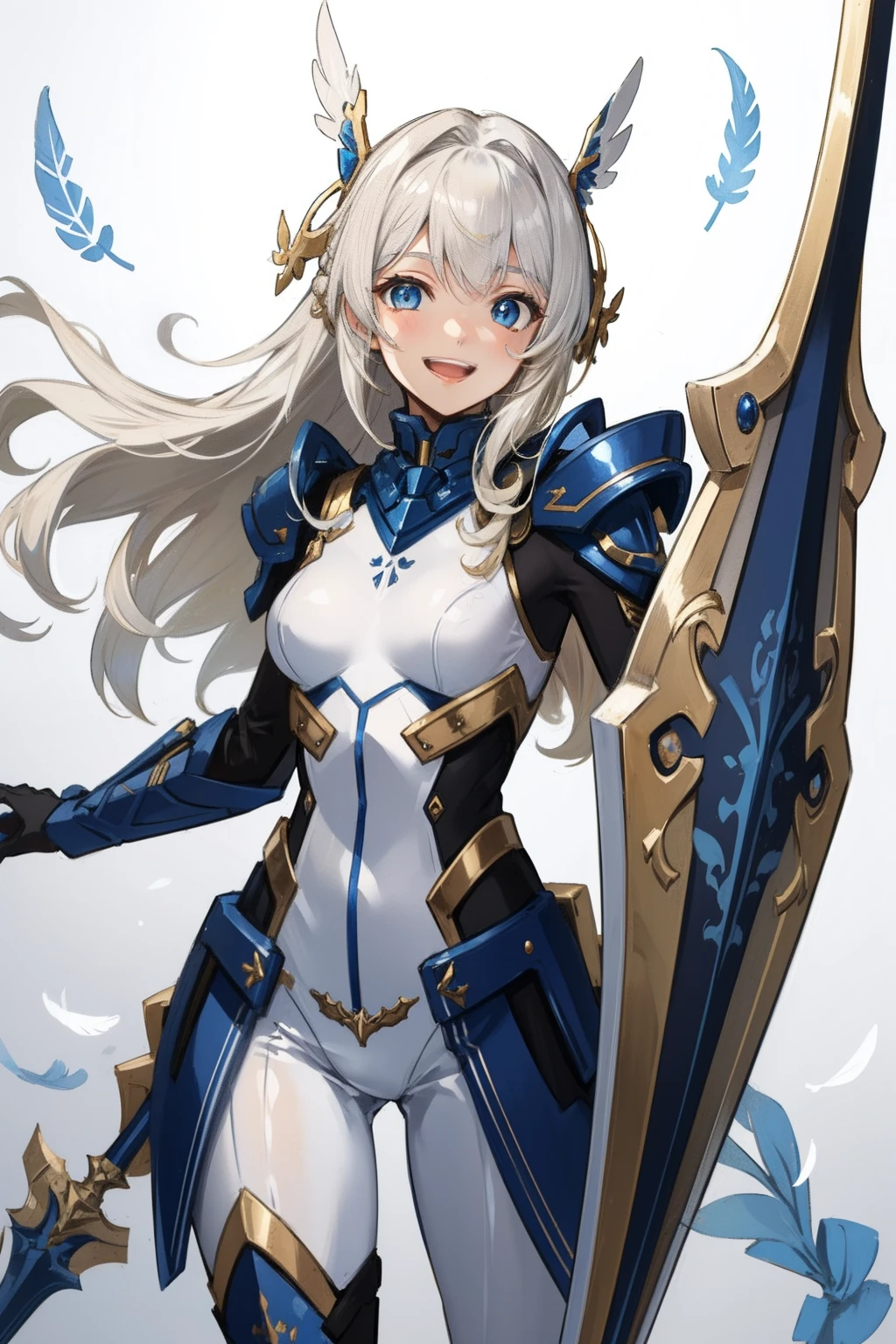 (​master piece, Best Quality),  Intricate details, valkyrie, kawaii, Happy smile, (((Laugh))), Hand up, Looking at Viewer, Feather Headgear, Flower meadow, 
1 girl in, Solo, Portrait, Tentacle Plutinum Blonde Hair, droopy blonde eyes, Silver Single Thigh, White Independent Single Sleeve, gloves, Single braid, 
 mecha musume, White bodysuit, Silver Reinforced Suit, Mini Feather Wing, silver pantyhose, full armor, flower decoration, equip spear, equip shield