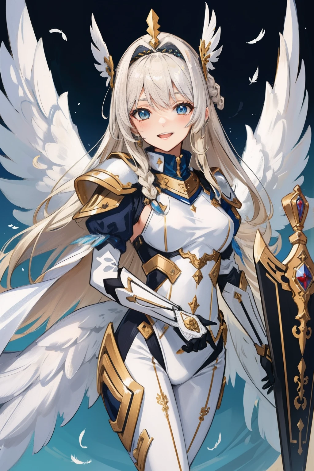 (​master piece, Best Quality),  Intricate details, valkyrie, kawaii, Happy smile, (((Laugh))), Hand up, Looking at Viewer, Feather Headgear, Flower meadow, 
1 girl in, Solo, Portrait, Tentacle Plutinum Blonde Hair, droopy blonde eyes, Silver Single Thigh, White Independent Single Sleeve, gloves, Single braid, 
 mecha musume, White bodysuit, Silver Reinforced Suit, Mini Feather Wing, silver pantyhose, full armor, flower decoration, equip spear, equip shield