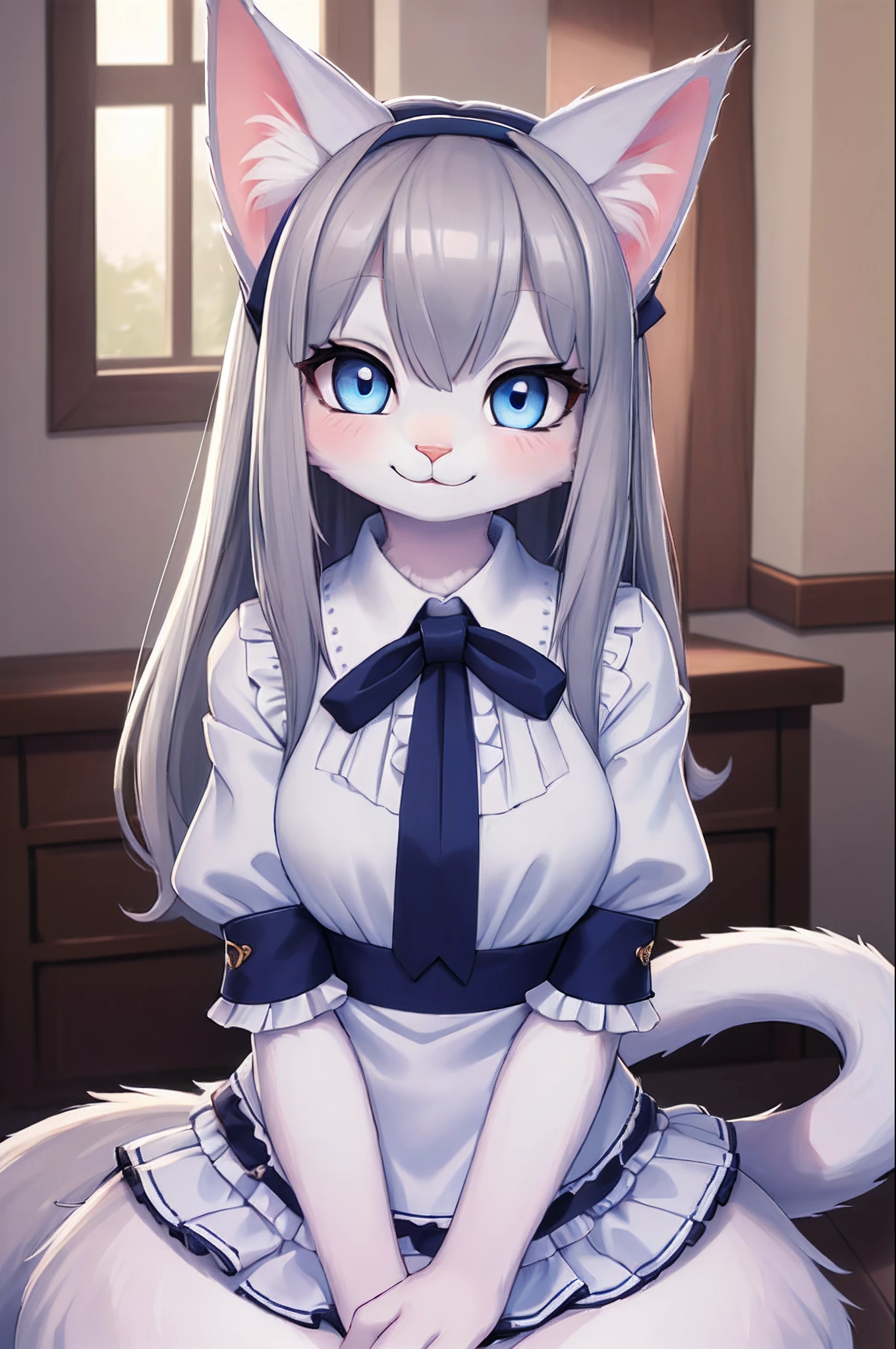 Anime girl with long gray hair and blue eyes sitting on a bed - SeaArt AI