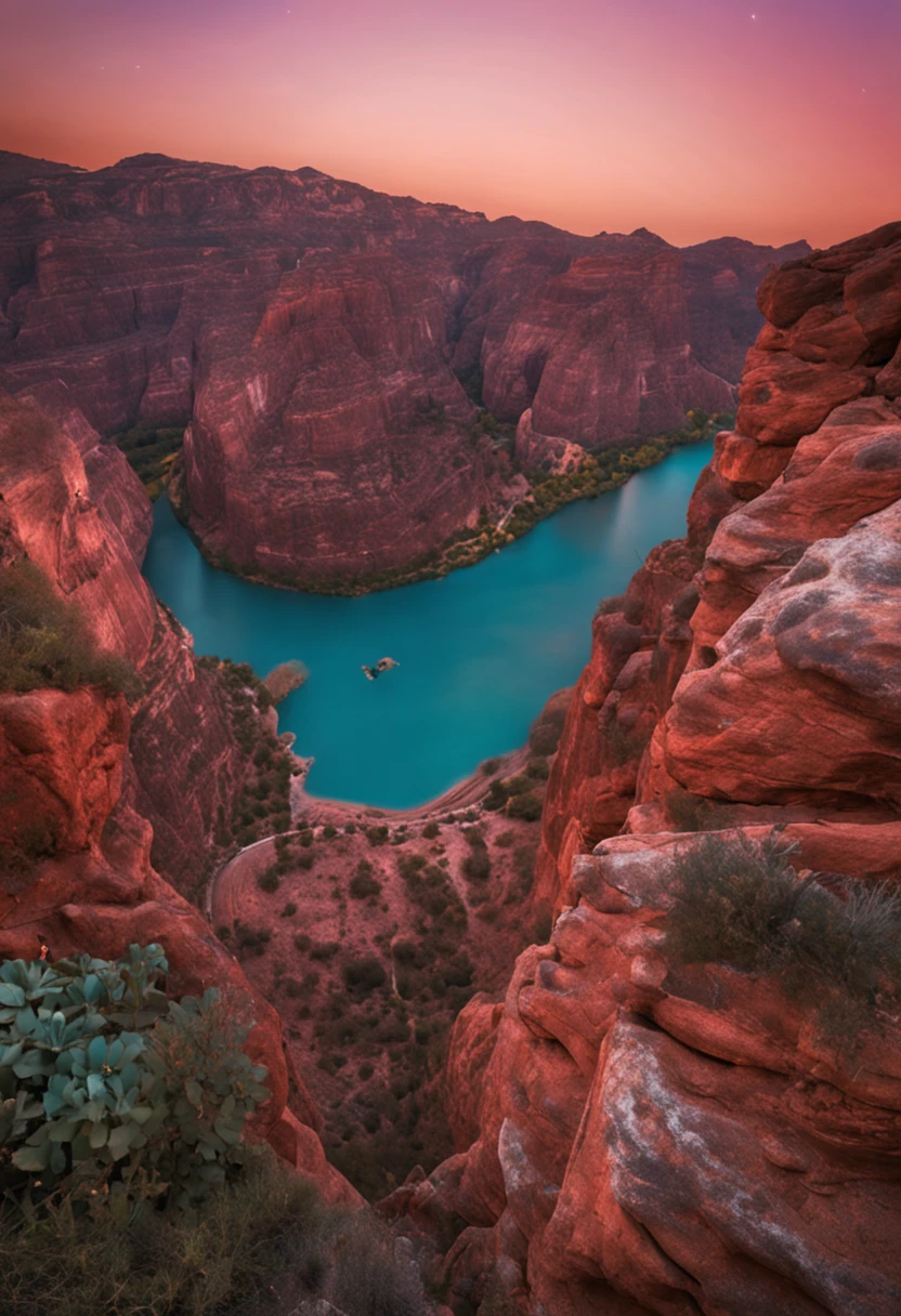 A view of a lake in a canyon with a mountain in the background - SeaArt AI