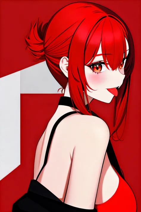 1girll，独奏，red theme，looking at viewert，big cleavage breasts，sportrait，From the side Side，Noise bad girl sticks out her tongue，（（a matural female））