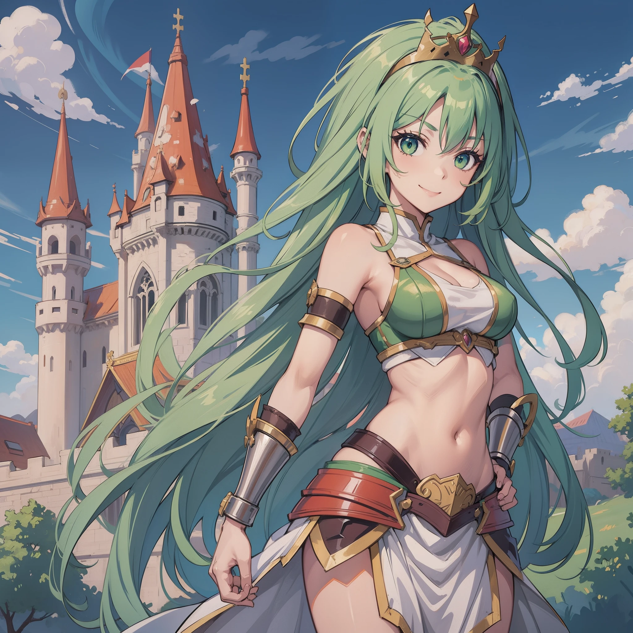 chica anime, Pelo verde, princesa guerrera, tiro de cuerpo completo, castillo, sexy, pechos grandes, sonriente, flaco, top corto, armadura, corona