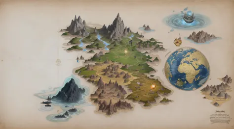 On the parchment is a map of the continent called Erasia，Power Hero & Magic 3, Probably & Invincible magical heroes，((Highly detailed detail))，4K，best qualtiy，primitive，Cinema lenses，Light yellow filter