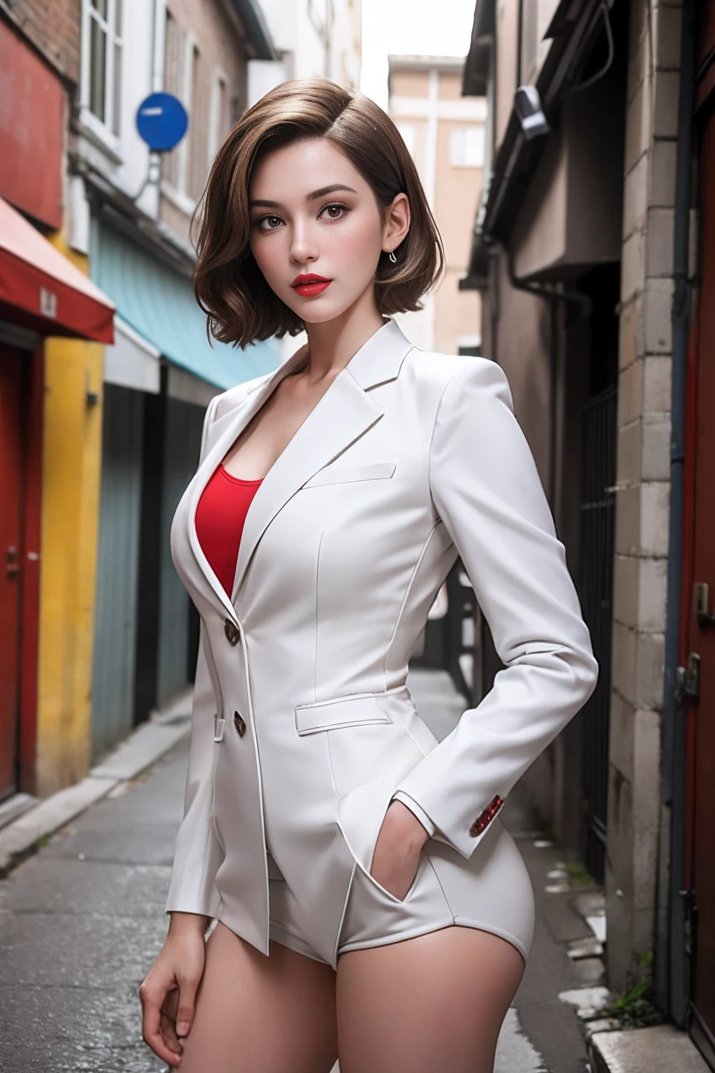 ((Best quality)), ((masterpiece)), ((realistic)), (hyperrealism:1.2), A photo ((portrait)) of a young, nerdy woman standing in a back alley, looking at the viewer. short hair, slender, red lips, flirting with the camera.Wearing a tight sexy white suit, open front, ((detailed face))