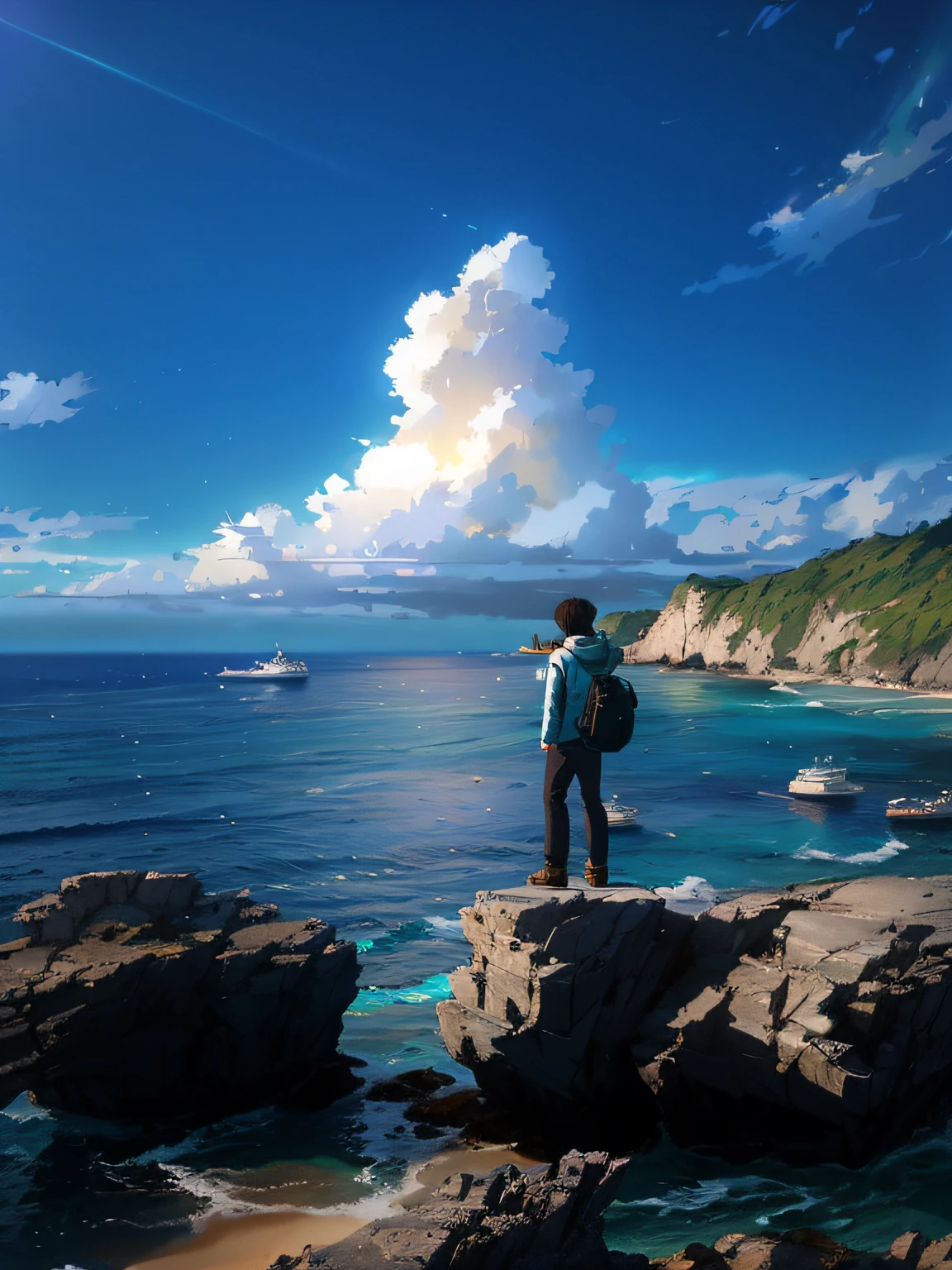 Arafed man standing on a cliff overlooking the ocean - SeaArt AI