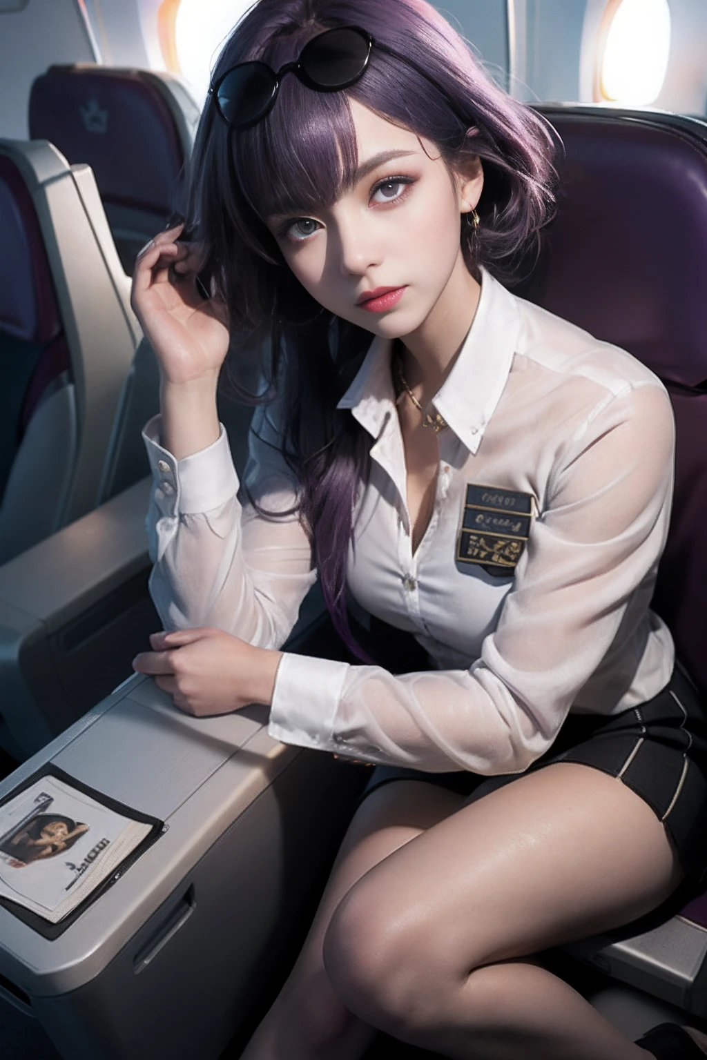 (Best quality: 1.1), (Realistic: 1.1), (Photography: 1.1), (highly details: 1.1), (1womanl), Airline flight attendants,Coat,White shirt,Short skirt,black lence stockings,bent down,In the plane,KafkaHKS,hong kong,Purple eyes, Purple hair, eyewear on head, sunglasses,