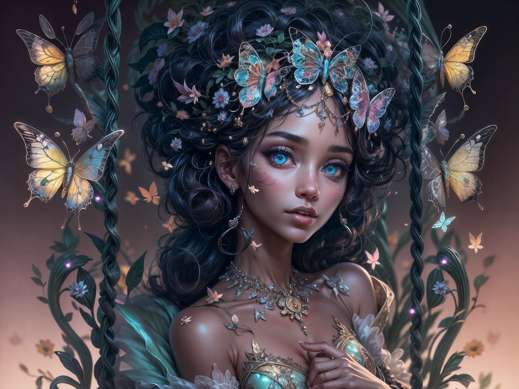 This is a realistic fantasy masterpiece with lots of shimmer, glitter, and intricate ornate detail. Generate one  woman with a beautiful and delicate crown sitting on a garden swing at night. She is a beautiful and seductive butterfly queen with stunning curly black hair, (((incredibly realistic and detailed dynamic eyes in bright colors with realistic shading))).  Her skin is translucent white, her eyes sparkle, and her dress is elegant. Her dress is spun of the finest gossamer silk with delicate, intricate, and subtle floral detailing and gold silk butterfly sleeves. Her face is lovely and . Include glow-in-the-dark flowers, lots of particles, highly realistic fantasy butteflies with translucent jewel-toned wings and fine detailing, and glow. The artwork is done in the style of Guviz and brings to mind masters in the genre such as trending fantasy works on Artstation and Midjourney. Camera: Utilize dynamic composition techniques to emphasize etherealness and delicate detail.