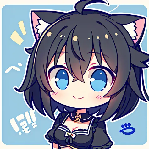 Girl vs、tchibi、((Best quality, High_Resolution, distinct_image)),(Black hair), (Black cat ears), (ahoge), (absurdly short hair), (Wavy hair), (Blue eyes),A smile.From the face.a very cute、mideum breasts、