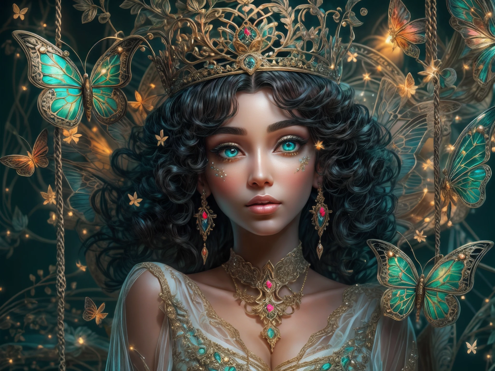 This is a realistic fantasy masterpiece with lots of shimmer, glitter, and intricate ornate detail. Generate one petite woman with a beautiful and delicate crown sitting on a garden swing at night. She is a beautiful and seductive butterfly queen with stunning curly black hair, (((incredibly realistic and detailed dynamic eyes in bright colors with realistic shading))).  Her skin is translucent white, her eyes sparkle, and her dress is elegant. Her dress is spun of the finest gossamer silk with delicate, intricate, and subtle floral detailing and gold silk butterfly sleeves. Her face is lovely and lonely. Include glow-in-the-dark flowers, lots of particles, highly realistic fantasy butteflies with translucent jewel-toned wings and fine detailing, and glow. The artwork is done in the style of Guviz and brings to mind masters in the genre such as trending fantasy works on Artstation and Midjourney. Camera: Utilize dynamic composition techniques to emphasize etherealness and delicate detail.