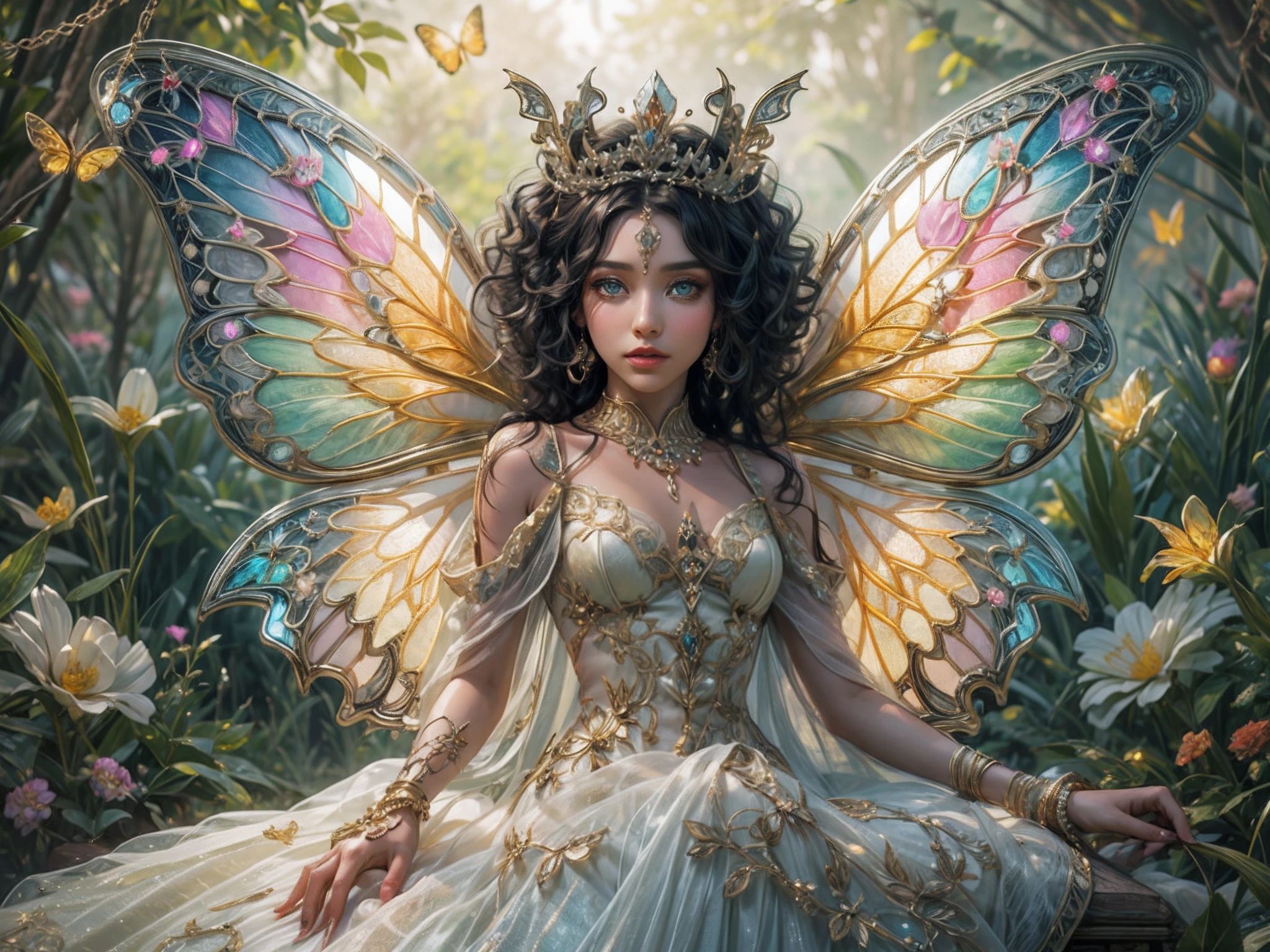 This is a realistic fantasy masterpiece with lots of shimmer, glitter, and intricate ornate detail. Generate one  woman with a beautiful and delicate crown sitting on a garden swing at night. She is a beautiful and seductive butterfly queen with stunning curly black hair, (((incredibly realistic and detailed dynamic eyes in bright colors with realistic shading))).  Her skin is translucent white, her eyes sparkle, and her dress is elegant. Her dress is spun of the finest gossamer silk with delicate, intricate, and subtle floral detailing and gold silk butterfly sleeves. Her face is lovely and . Include glow-in-the-dark flowers, lots of particles, highly realistic fantasy butteflies with translucent jewel-toned wings and fine detailing, and glow. The artwork is done in the style of Guviz and brings to mind masters in the genre such as trending fantasy works on Artstation and Midjourney. Camera: Utilize dynamic composition techniques to emphasize etherealness and delicate detail.