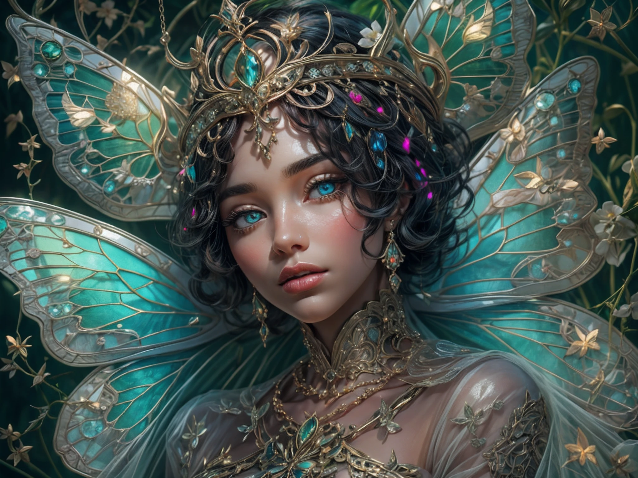 This is a realistic fantasy masterpiece with lots of shimmer, glitter, and intricate ornate detail. Generate one  woman with a beautiful and delicate crown sitting on a garden swing at night. She is a beautiful and seductive butterfly queen with stunning curly black hair, (((incredibly realistic and detailed dynamic eyes in bright colors with realistic shading))).  Her skin is translucent white, her eyes sparkle, and her dress is elegant. Her dress is spun of the finest gossamer silk with delicate, intricate, and subtle floral detailing and gold silk butterfly sleeves. Her face is lovely and . Include glow-in-the-dark flowers, lots of particles, highly realistic fantasy butteflies with translucent jewel-toned wings and fine detailing, and glow. The artwork is done in the style of Guviz and brings to mind masters in the genre such as trending fantasy works on Artstation and Midjourney. Camera: Utilize dynamic composition techniques to emphasize etherealness and delicate detail.