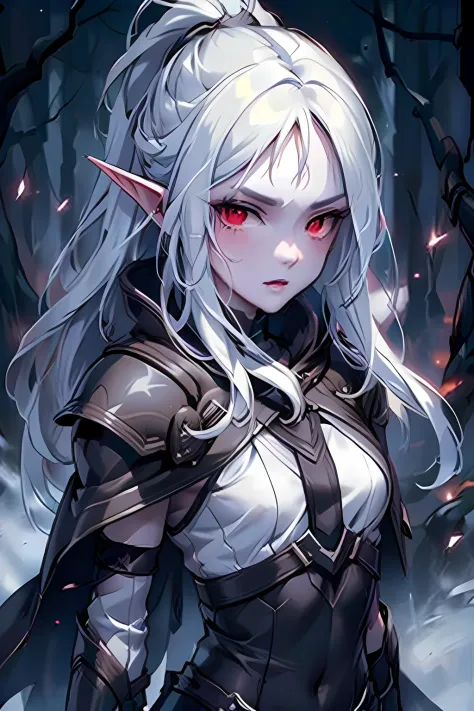 1girl, silver long hair, light red eyes, leather armor, rapier, dark forest, portrait, pointed ears
