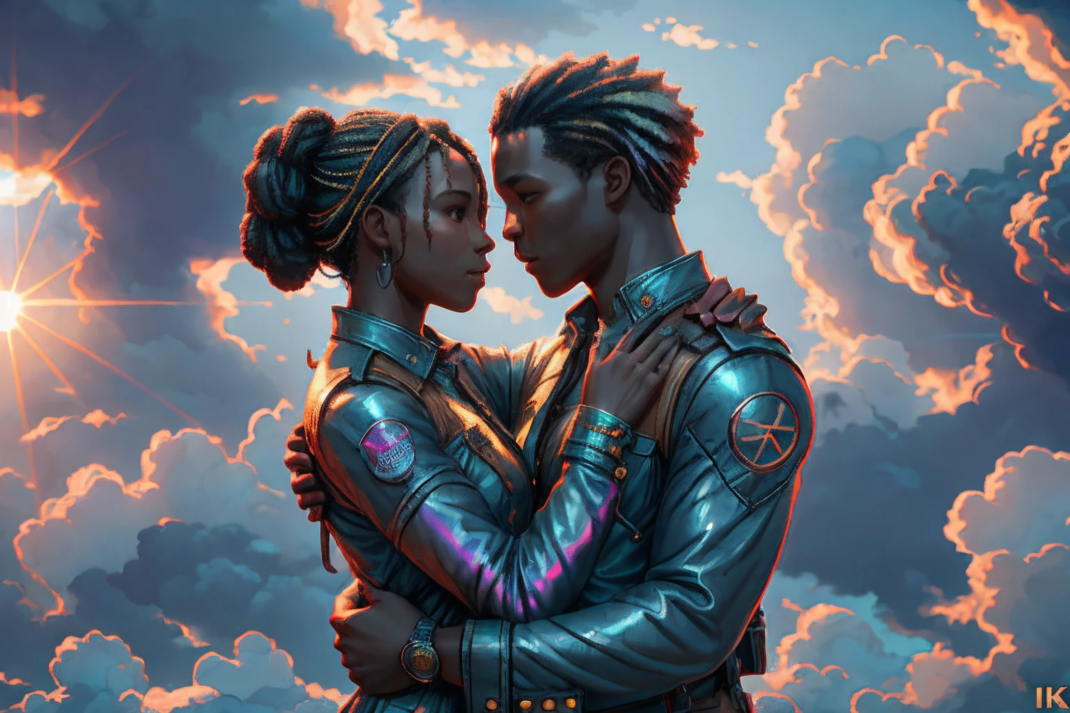 A sculpture of a couple black man and woman hugging in the sky, surrounded by clouds with the sunlight piercing through, with iridescent light, highly detailed images, vibrant beautiful colours, photorealistic image, 8k, ultra HD, unreal engine rendered, cinematic lighting, artgerm style, --auto --s2