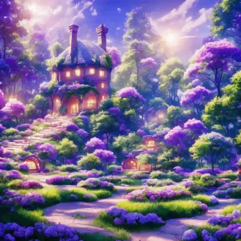 A house in an enchanted forest in the night off half moon, magical glowing plants and flowers, falling leaves in the air, summer, fantasy --auto