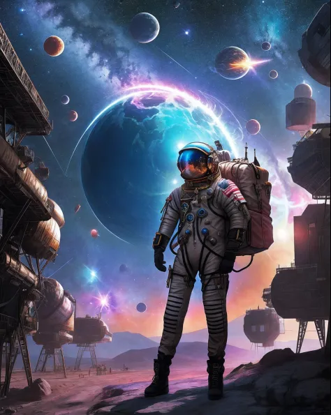 color photo of an astronaut in 1100s wearing a diesel punk outfit, exploring an interstellar world outer space,  dynamic pose, t...