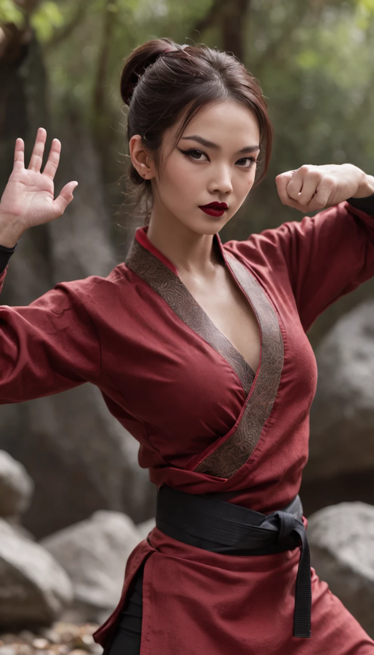 The expression is a smile. Produce a female martial artist costume designed in shades of deep red and black. Give this image a dynamic feeling of fire and wind. Next, add a combat outfit (raw legs or tights) designed to accentuate the lines of the body (mini-skirt or spats) and give it a special touch with metal accents and belts. Further, combine accessories with gold or silver armbands, a cape without a brim and matching rings or earrings. Finally, emphasise the martial artist's strength and charm with sharp eyeliner and a deep red lip. Dynamic poses: adopt poses that show the energy and movement of a martial artist, such as fists thrust forward or raising one leg to replicate the action of a kick. Location: an ancient stone dojo with a thick mist in the air. It is surrounded by old stone statues and bamboo forests, with a cascading waterfall in the background. The place has a mystical and historical atmosphere that complements the martial artist's costume and its dynamism.