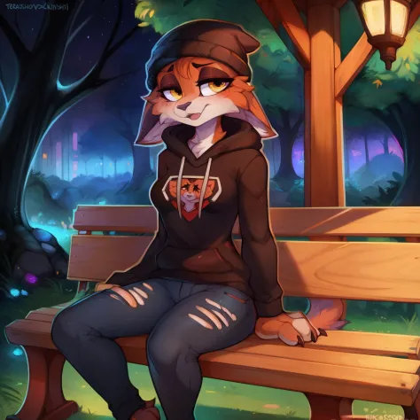 (best quality, masterpiece:1), solo, (shaded face:1.2), furry female anthro meowskulls, (noseless:1.1), sitting on bench, tail, medium breasts, bored, looking away, closed mouth, (mocking smile), (shivering:1.2), half-closed eyes, beanie, black hoodie, str...