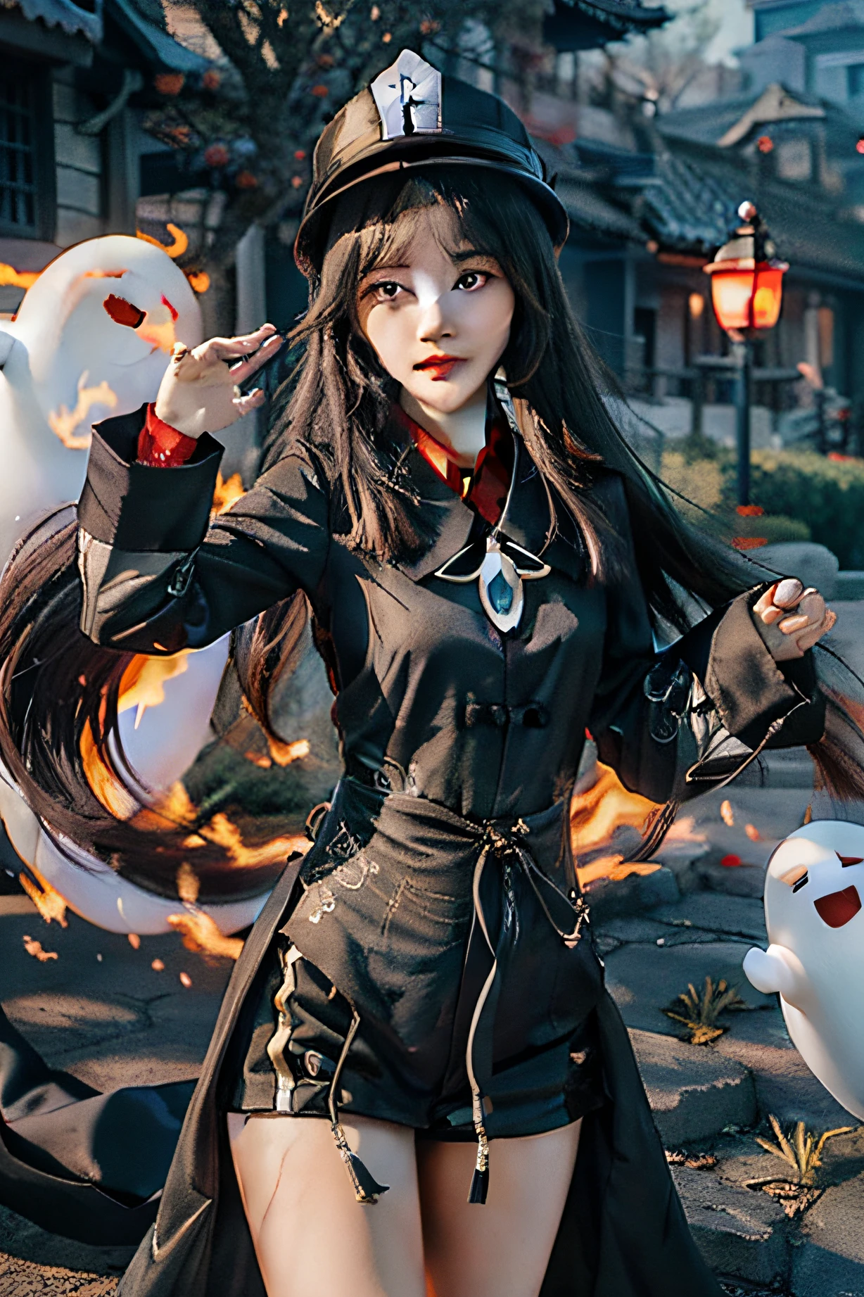 real girl with a ghost and a hat on, from hu tao, hu tao character, flirty real witch casting magic, hu tao project, demon anime girl, onmyoji, hu tao, yume nikki, hu tao genshin impact,