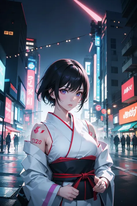 perfect artwork of Nozomi Sasaki, short black hair, white open kimono, fully body tattoos, serious face, in action cinema pose looking in camera. 3D vector art. trending composition. vibrant side lighting, centered in a vibrant, technicolor cyberpunk detai...