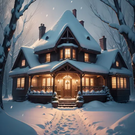 A house full of light in magical at a night of snowing, feel of happy Christmas, fantasy, fairies, wallpaper, printable, 8k --auto