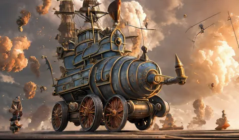 A very dynamic scene. Flying mechanical snail with many cannons. Close-up. Lots of details. Cartoon Disney, Pixar. Blurred background. Light haze. --auto --s2