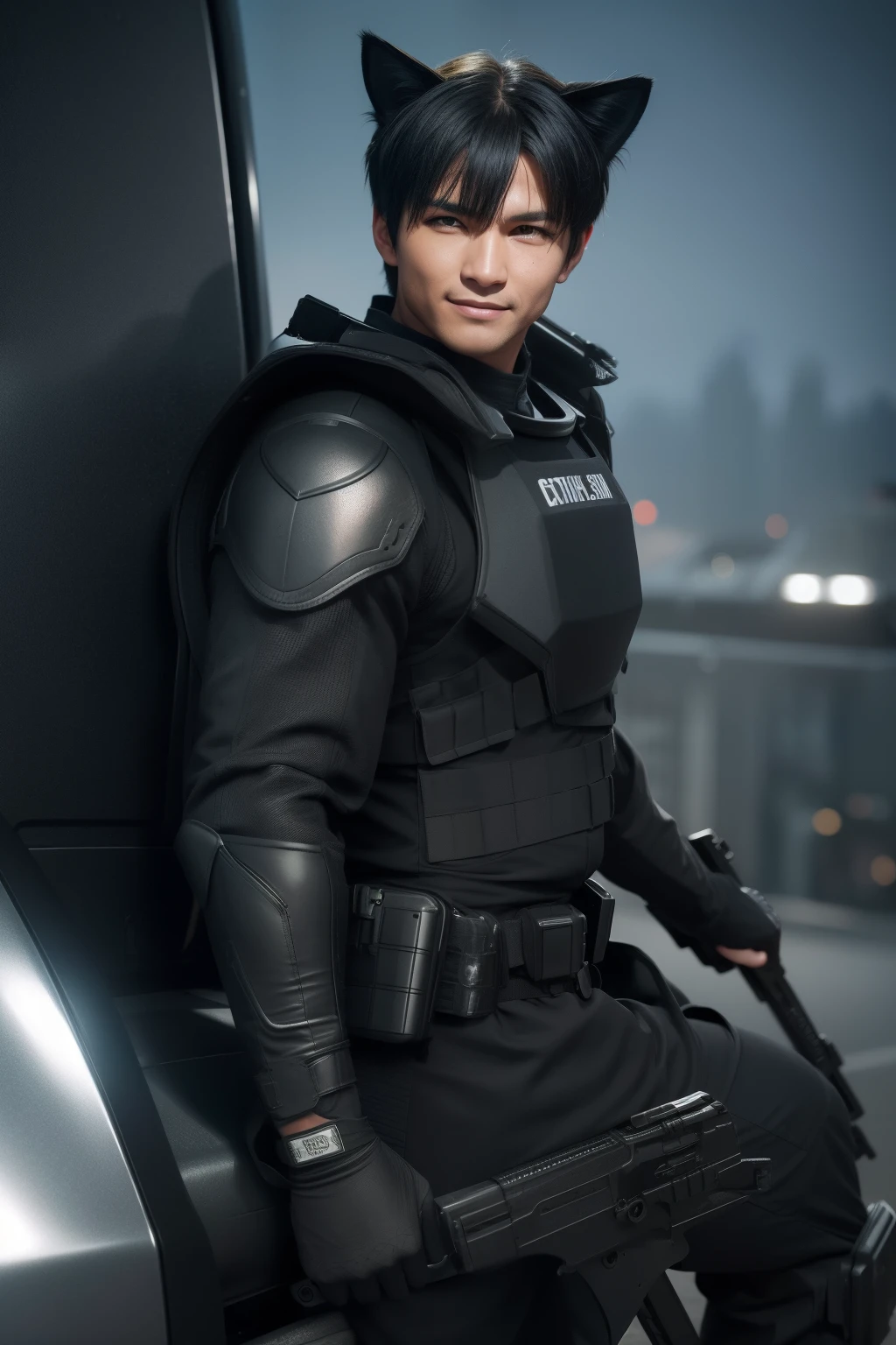 anthro cat, black SWAT outfit, detailed dark mascara, perfect skin, smiling, he is on the side of an Armored SWAT car, in a city, he is heavily armed with a rifle, rule of thirds, high quality background, ultra detailed scenery, ultra sharp focus, detailed dark mascara, perfect professional photo