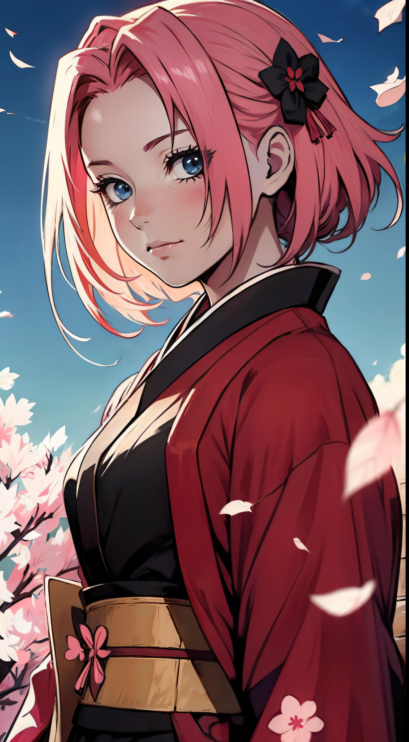 персонаж Сакура из аниме Наруто одета в черно-розовое кимоно, красный и розовый самурайский катан, атмосфера с лепестками сакуры
