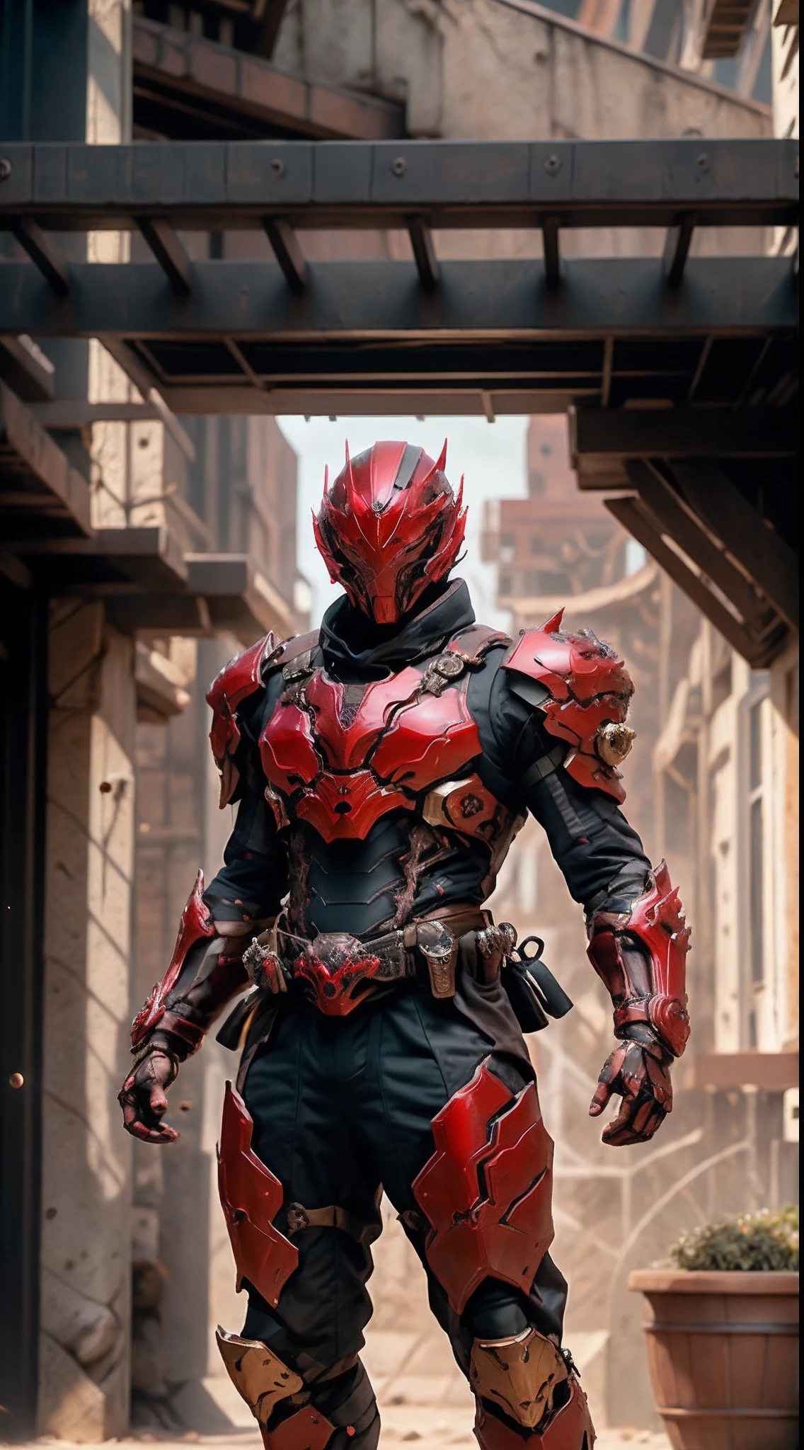 A man wearing a full-face helmet that covers most of his face, adorned in a biomimetic fantasy-style armor, the predominant black color is accented with red textures in the design this character embodies a finely crafted fantasy-style armored warrior design in anime, ((character concept art)), high definition, best quality, ultra-detailed, extremely delicate, anatomically correct, symmetrical face, extremely detailed eyes and face, high quality eyes, creativity, RAW photo, UHD, 16k, (Natural light, cinematic lighting, masterpiece:1.5)