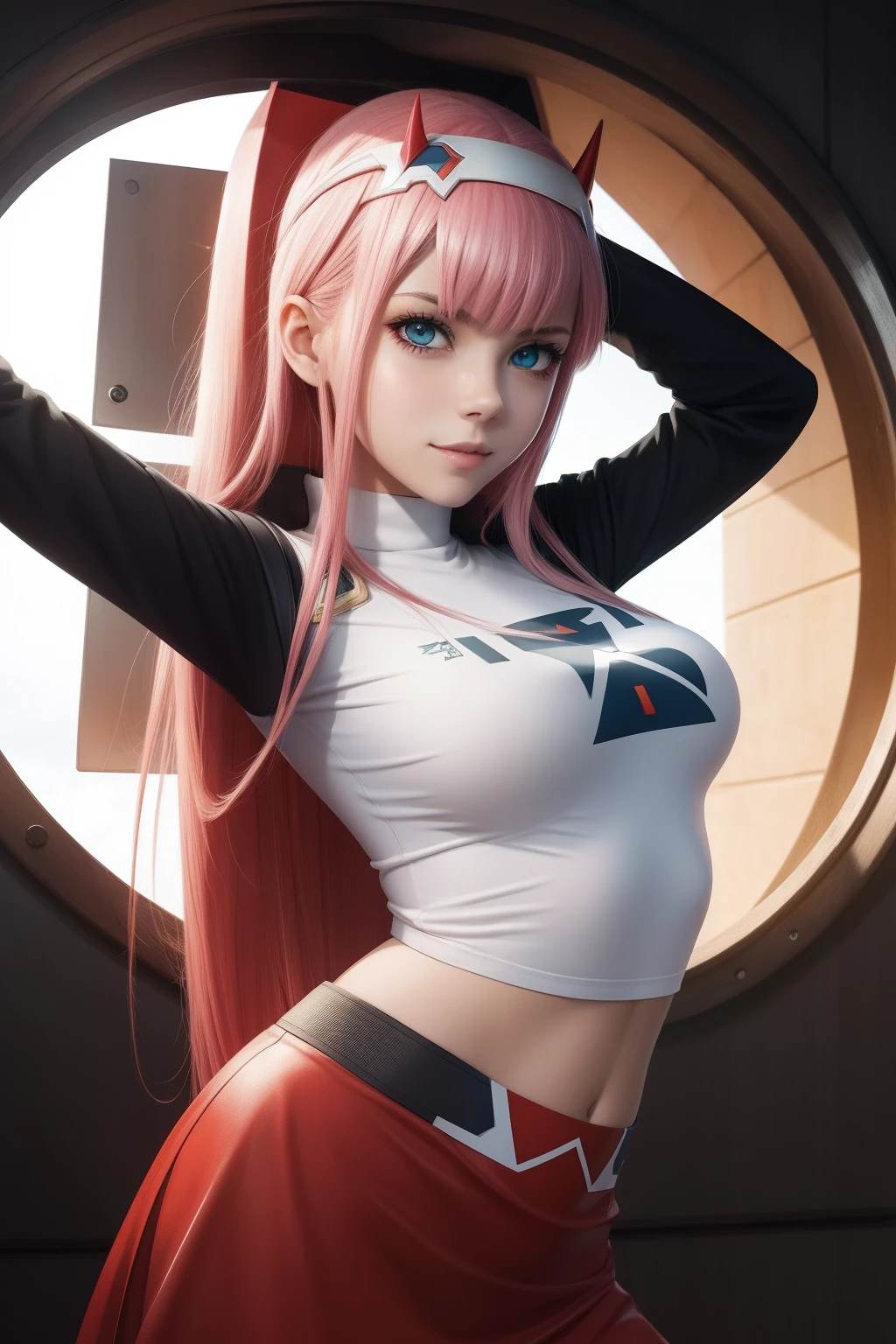 ((Zero Two Darling en el Franxx)), 8k, Obra maestra, Smile at the camera, La mejor calidad, fotorrealista, Ultra detallado, 1 girl, textura realista de la piel, senos grandes, Mira hacia el espectador, , Camiseta suelta de medio corte,, Underboobs, debajo de los senos, Micro mini falda, , movie lighting, Enfoque facial, Ojos finos, Cara detallada, Cara bien iluminada, Rayos de sol, Bailar en un ambiente ciberpunk, Low-angle shot, Vista desde abajo