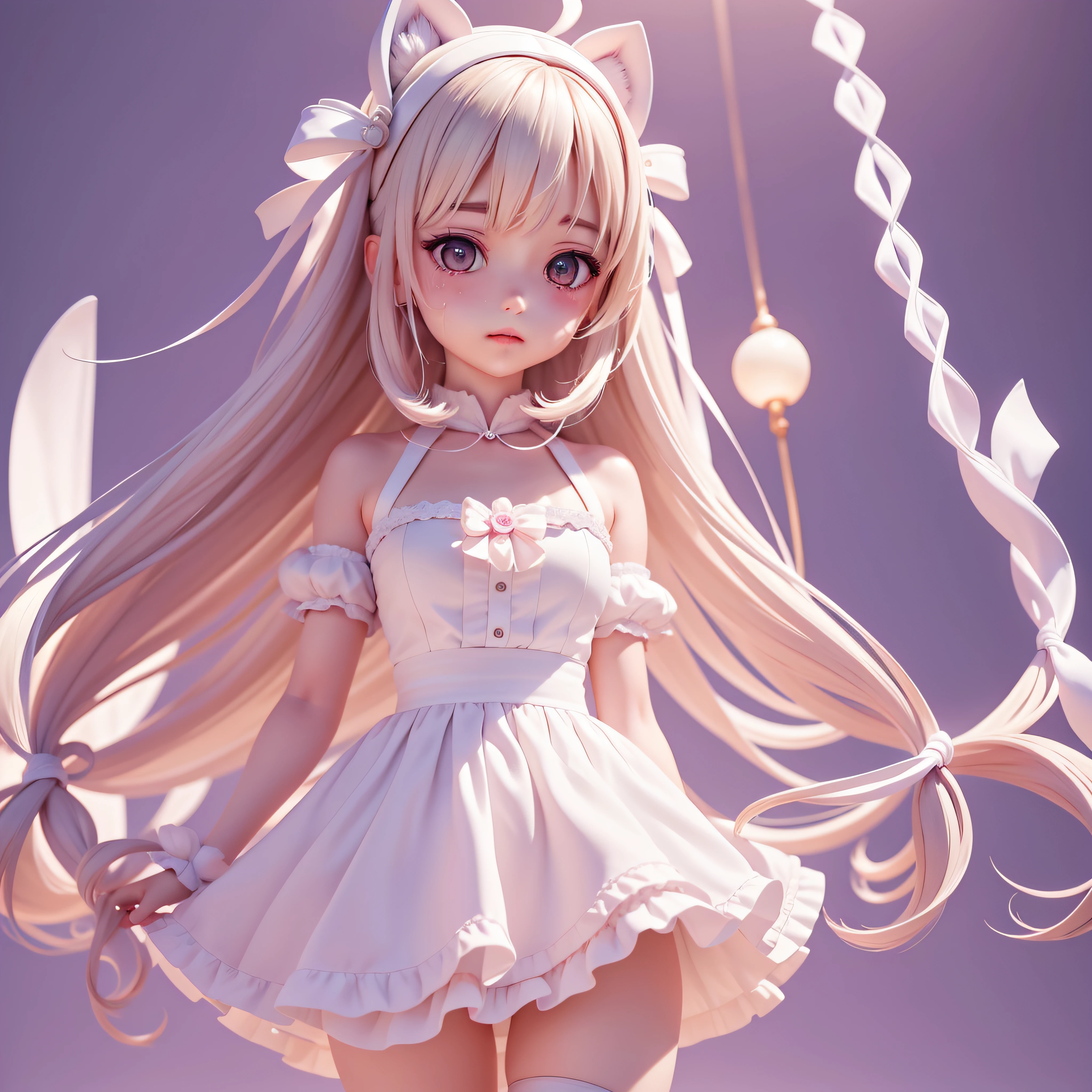 anime illustration：Cute girl，white dresses，pinkdoublehorsetailbraid，white headgear，The measurements are moderate，Full body display，Shows the lower body，Outstanding image quality，Realistic details，Glow，Sweating effect（1.4 times），high resolution and detail，The background is light and monotonous。