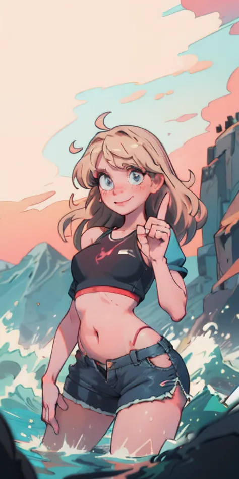 (best quality, masterpiece), 1girl, paw pose, smile, laughing, ocean, crop top, shorts, blonde, freckles, blush, looking at viewer, wavy hair, cloud, splashing, waves, sun, mountain, wet, large breasts, small perky breasts, pregnant, underbelly tattoo, wid...